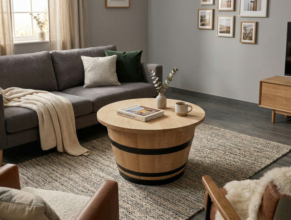 Table basse ronde en tonneau chêne massif 80 cm